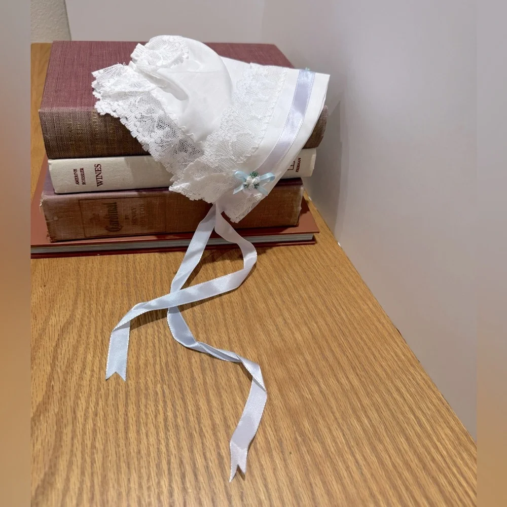 White Lace Baby Bonnet with Blue Accents
